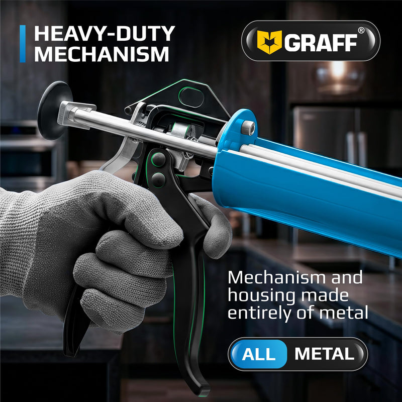 Professional Heavy-Duty Caulking Gun 26:1 Thrust Ratio, Triple Push Rod Dripless Silicone Caulk Gun with Metal Handle, Adjustable Trigger, Fits 5–10 oz Cartridges for Silicone Acrylic & Sealants GRAFF