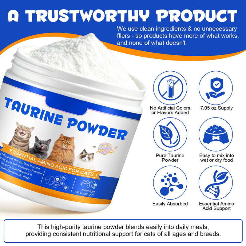 Taurine Powder for Cats, Cat Supplement for Heart, Vision, and Immune Support, Suitable for All Breeds & Ages, 200g