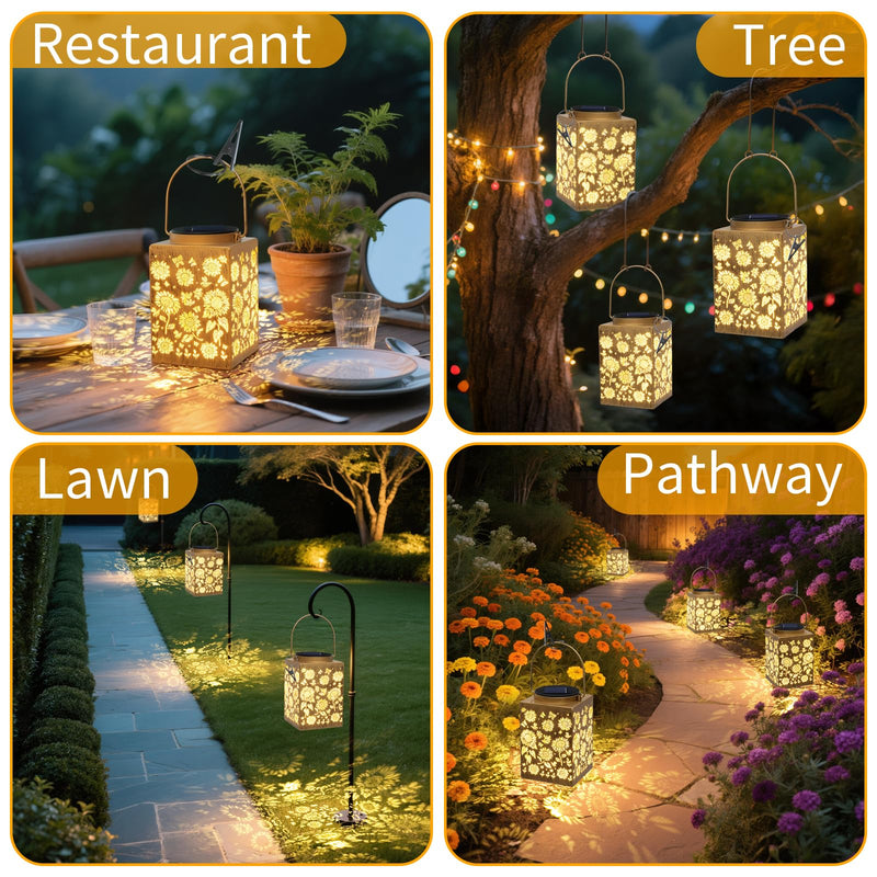 2 Pack Solar Lanterns - Waterproof Metal Hanging Solar Lights Outdoor Decorative, Solar Powered LED Lamp for Patio Tabletop Porch Deck Yard Garden Decor for Outside (Sunflower) Sunflower