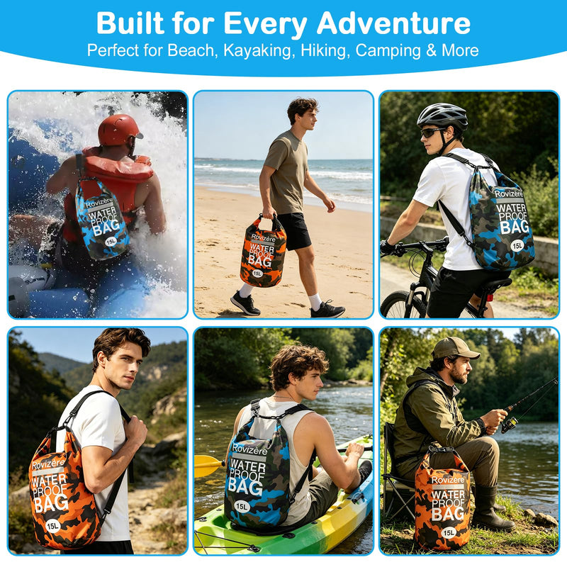 15L Waterproof Dry Bag, Camouflage Orange | Roll Top with Reflective Strip, Phone Pouch & Emergency Whistle, Backpack with Shoulder Strap, Lightweight Heavy Duty 15L