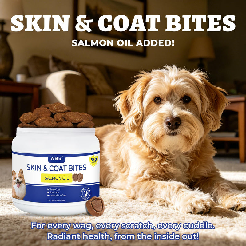 Wellix 19.4oz Dog Skin and Coat Supplement, Omega 3 Fish Oil for Dogs, Supports Healthy Skin & Shiny Coat, Itching Relief & Anti-Shedding, Tasty Dog Allergy Chews, Daily Nutritional Support