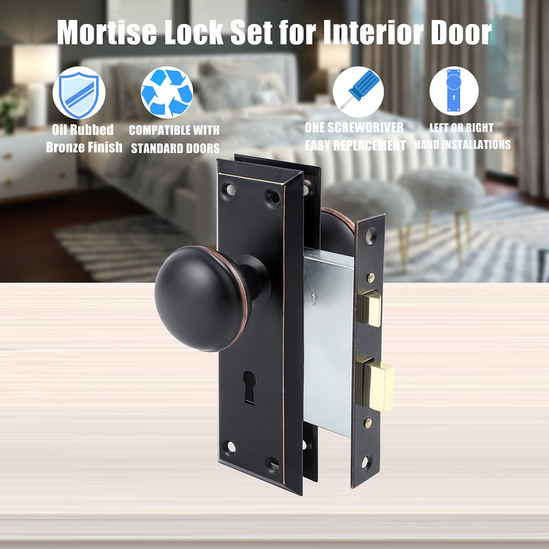 2 Pack Mortise Lock Set for Interior Door, Antique Door Knobs with Lock and Skeleton Key, Old Door Knob Replacement Fits 1-3/8 in 1-3/4 in, Oil Rubbed Bronze Finish Mortise(2 Pack)