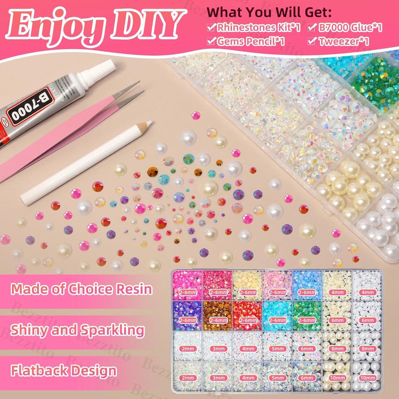 14000Pcs Colorful Jelly Flatback Rhinestones and Pearls for Bedazzling Kit, 2-6mm Resin Gems Bedazzling Rhinestone, 4-10mm Flatback Pearls Gems Rhinestones for Crafting DIY Face Makeup S18