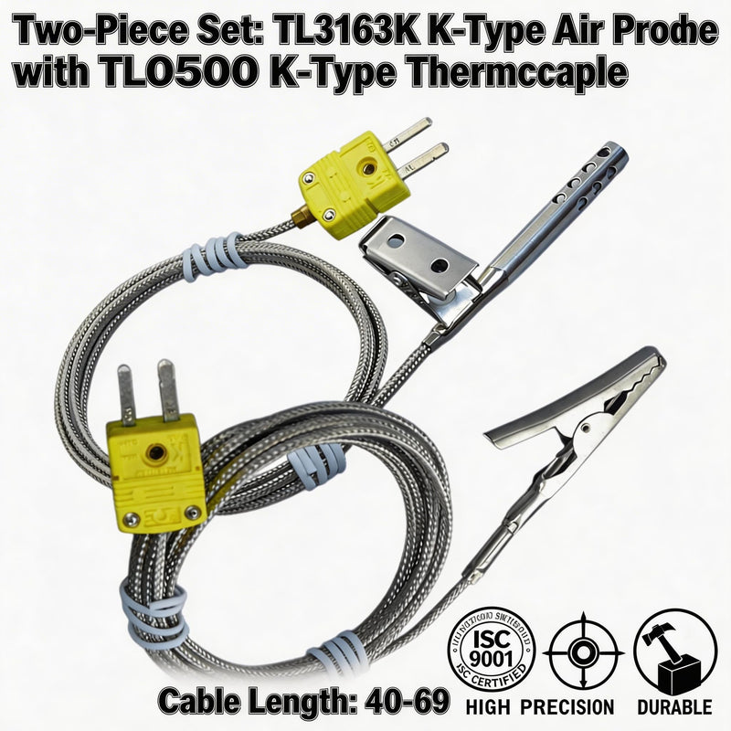Type K Thermocouple, 2-Pack TL3163K Type K Air Probe for use with the TL0500, | Measurement range: 40–500°F 40–69-inch cable length