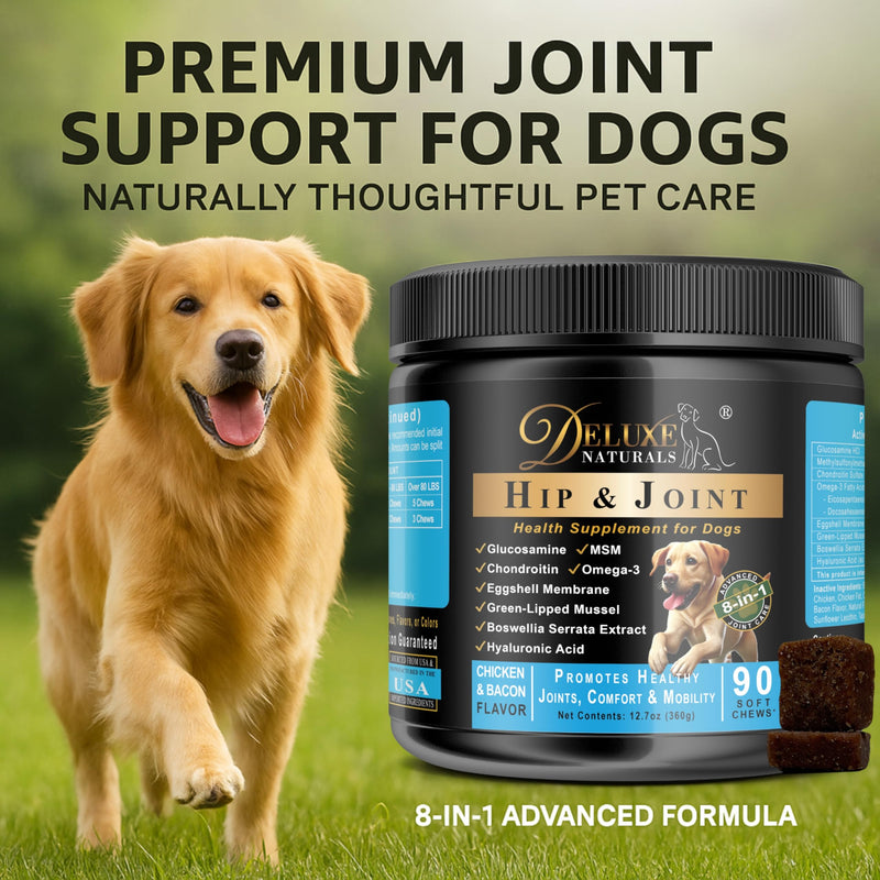 Hip and Joint Soft Chews for Dogs – 90 Count – Glucosamine, MSM, Chondroitin, Omega-3, Green-Lipped Mussel – Promotes Mobility, Comfort, and Joint Health – Chicken & Bacon Flavor