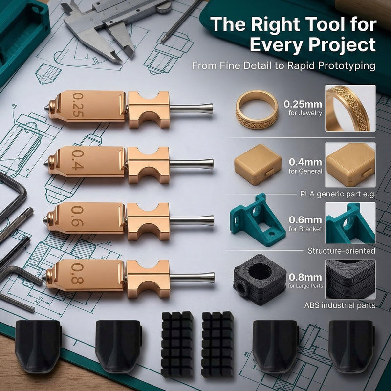 Upgraded AD5X Nozzle Kit, 0.25/0.4/0.6/0.8mm High Flow 32mm³/s Hotend for AD5X, 300℃ High Temp All-Metal Quick-Detachable Extruder Parts (4 Nozzles, 4 Silicone Covers)