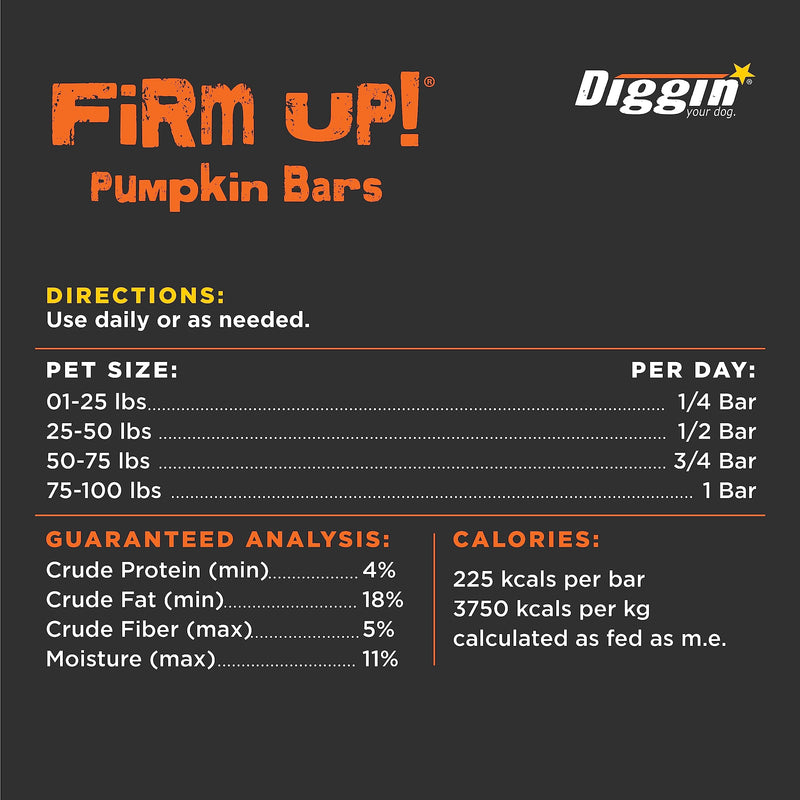Diggin' Your Dog Firm Up Bars for Dogs & Cats, 100% Made in USA, Pumpkin Powder Bars for Dogs, Digestive Support, Apple Pectin, Fiber, Healthy Stool, 6 Count - PawsPlanet Australia