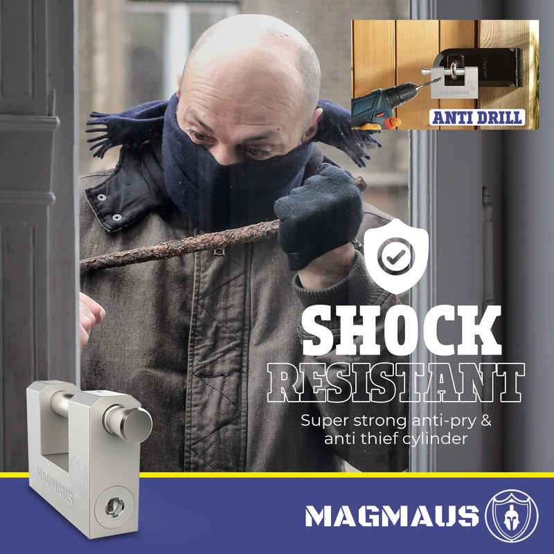Magmaus® RTL80 [Armoured] High Security Padlock – Heavy Duty Container Lock with 0.74” Shackle Clearance & 0.39” Thick Bolt – Weatherproof Outdoor Lock for Storage Unit, Shed, Gate, Garage - 3 Keys 80 mm 1 Pack - 3 Keys Silver