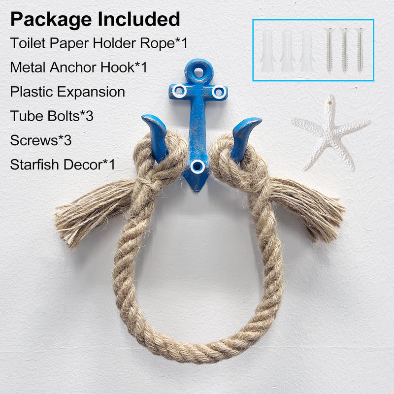Nautical Toilet Paper Holder, Beach Rope Metal Anchor Hook Bathroom Decor Towel Rack Towel Ring, Wall Mount Coastal Themed Toilet Paper Roll Holder, Nautical Blue