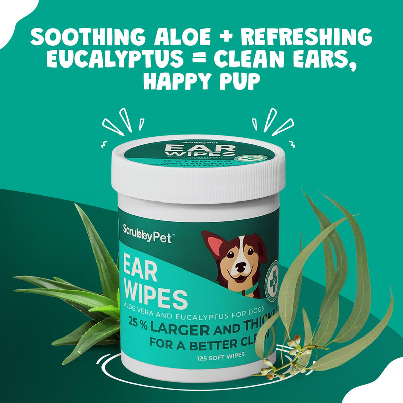 Dog Ear Wipes for Dogs | Extra Thick with Aloe Vera & Eucalyptus | 125 Count | Hypoallergenic Ear Cleaner for Dogs with Pearl Texture for Deeper Clean | Scrubby Pet Aloe Vera + Eucalyptus - PawsPlanet Australia