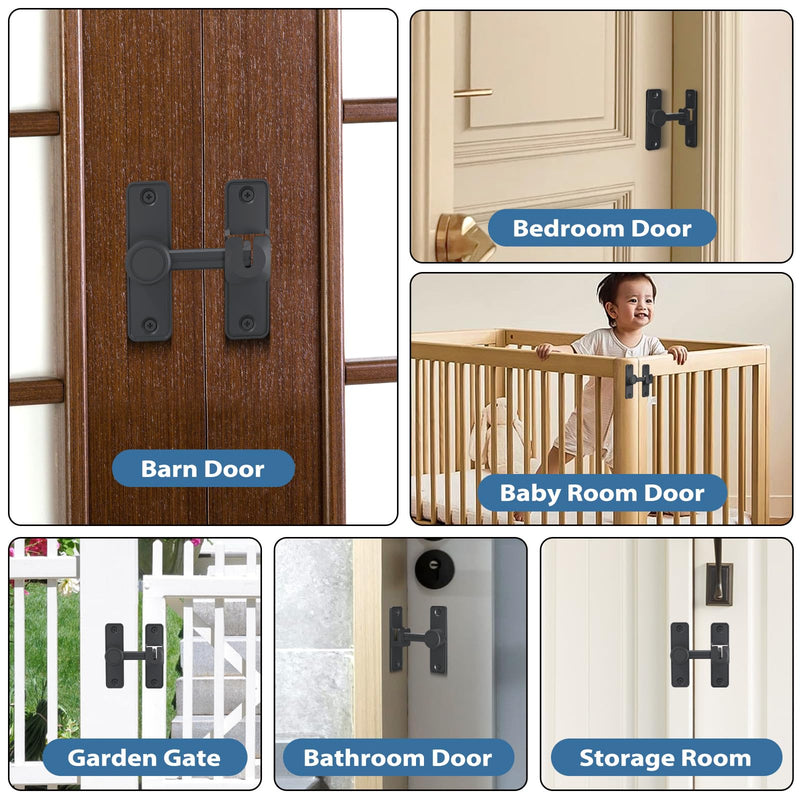 XOOL Barn Door Lock Latch, 90 & 180 Degree Heavy Duty Barn Door Latch, Lock Latch for Door, Garden, Bathroom, Garage, Window, Outdoor, Garage, Barn Black