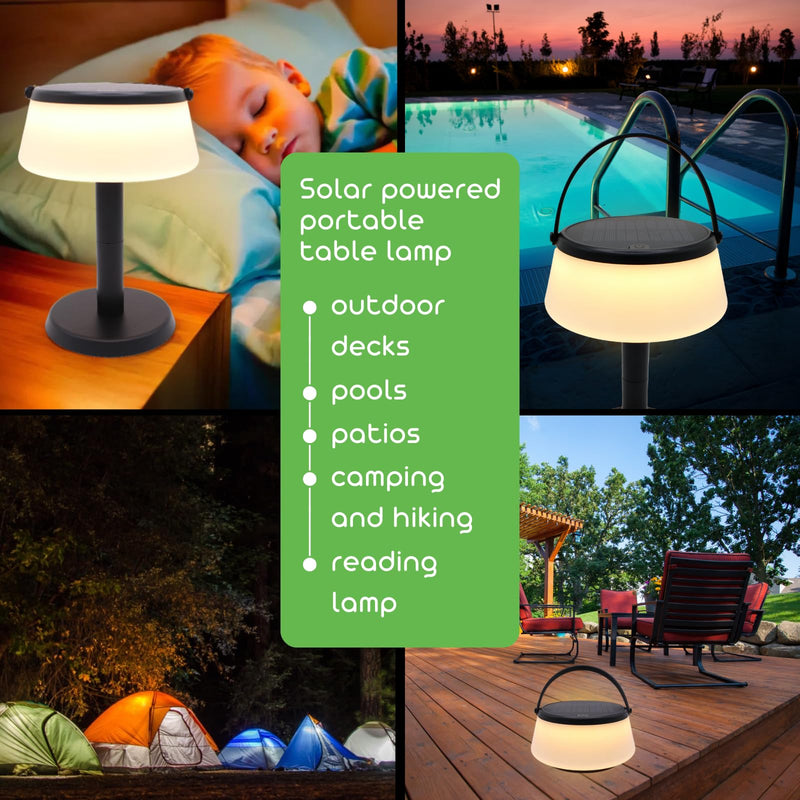 2-in-1 Portable Solar Power LED Table Lamp & Lantern - Indoor/Outdoor - Stepless Dimming - Rechargeable Battery - 330 lumens, 2700K - IP44 Weather Resistant - Black - 1 Pack