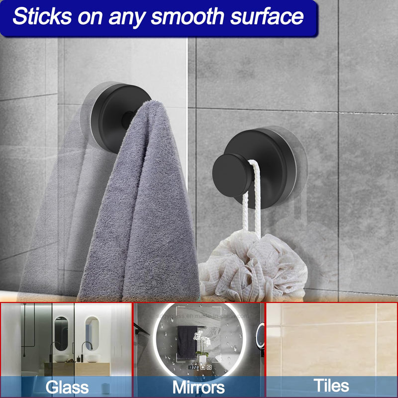 Suction Cup Hooks for Shower, Towel Hooks for Bathroom Window Glass, Bath Robe Looafh Hook for Hanging - 2 Pack, Black
