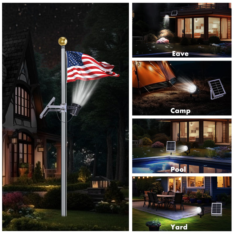 PPQ Solar Flag Pole Light,New 7 LED Bright Solar Powered Spotlight 12H/5W Outdoor Waterproof, Fits 1.6"-3.2" Flagpoles & Inground & Wall, Dusk to Dawn Auto On/Off(6000K White) 7 LED 5000mAh 5W