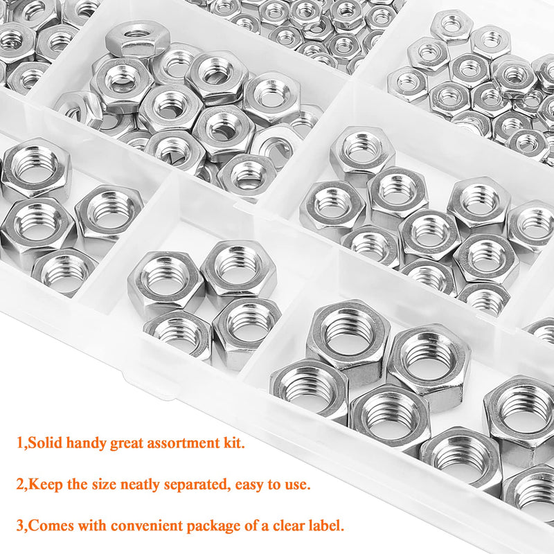 210 Pieces 9 Sizes 304 Stainless Steel #2-56 to 3/8"-16 Hex Nuts Assortment Kit (#2-56#4-40#6-32#8-32#10-24#12-24 1/4"-20 5/16"-18 3/8"-16) 210 Pieces Hex Nuts Kit
