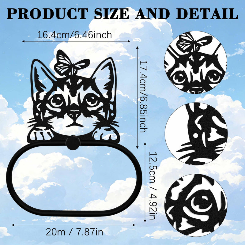 Black Metal Peeping Cat & Butterfly Wall Mounted Towel Ring, Funny Design Decor Accessories, Artistic Animal Towel Holder Decorative Gift for Cat Lovers, Home Kitchen Restroom Laundry Room