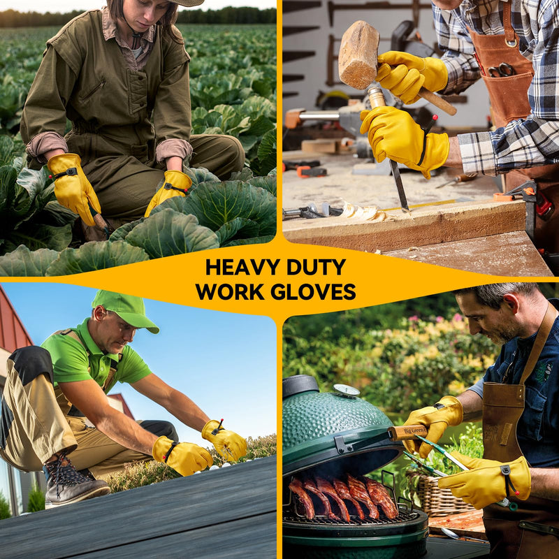 OZERO Leather Work Gloves for Men, 3 Pairs Full Grain Cowhide Garden Gloves, ANSI/ISEA 105 Tested, Puncture Level 4, Abrasion Level 3, Adjustable Wrist for Yard Work & Gardening (Gold Medium) Medium (3 Pair)