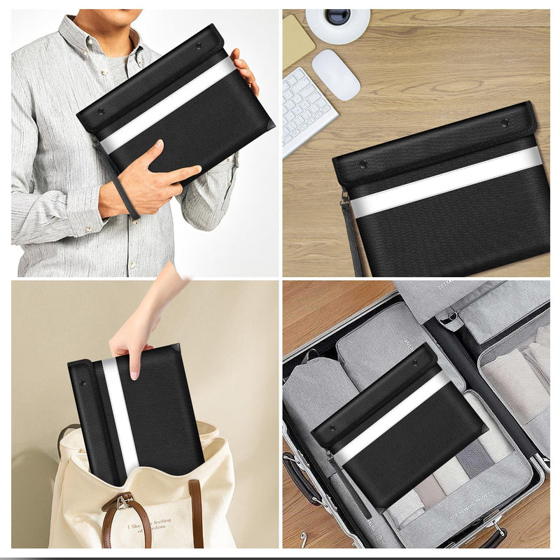 Fire Proof Money Bag for Cash 5200℉ Heat Insulated,Fireproof Waterproof Document Pouches with Double-Sided Reflective Strip,Money Envelopes for Cash,Valuables,Jewelry(11"x7.7",Black) Black Medium size