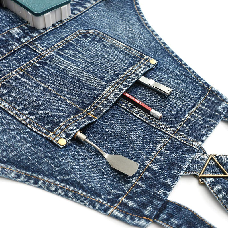 Jeanerlor Women's Cross Back Apron with Tool Pockets for Women Denim Work Teacher Aprons for Hair Stylist Cooking Kitchen (Blue) Adjustable S to M Medium Denim Blue