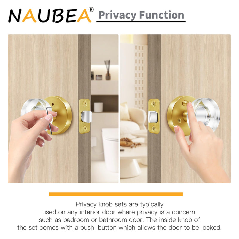 Glass Door Knobs Gold Door Knob Interior Satin Brass Privacy Door Knob for Bedroom and Bathroom Crystal Door Knob 1 Pack Privacy