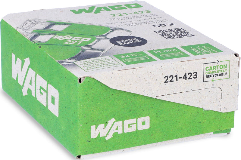 221-423 | WAGO Splicing Connector Green Range | for Solid, Stranded and fine-Stranded Conductors | 3-Conductor with levers | 24 – 12 AWG | Transparent housing | [50 Pieces]