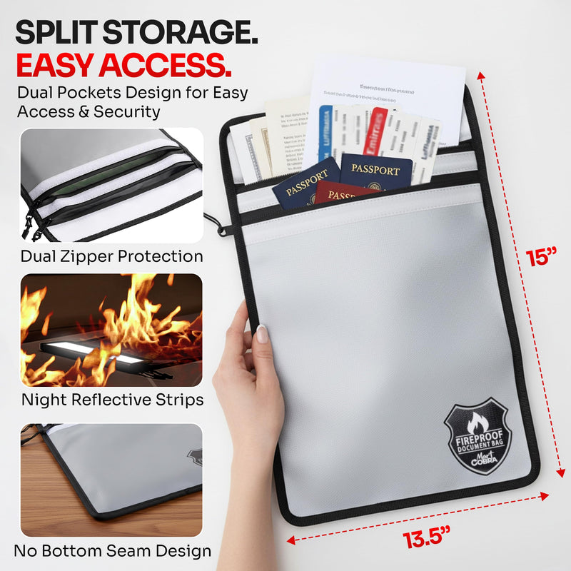 Mart Cobra Fireproof Document Bag with Zipper Fire and Waterproof Document Storage Fireproof Money Bag Cash Fire Proof for Important Home Documents Safe Accessories Paper Holder Pouch Envelope Travel 6400°F Protection