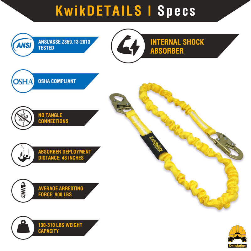 KwikSafety - Charlotte, NC - Rattler [1 Pack] Internal Shock Absorber Single Leg 6ft Safety Lanyard OSHA ANSI Fall Arrest Protection Equipment Snap Hooks Construction Arborist Roofing 1. Single-Leg 1 Pack