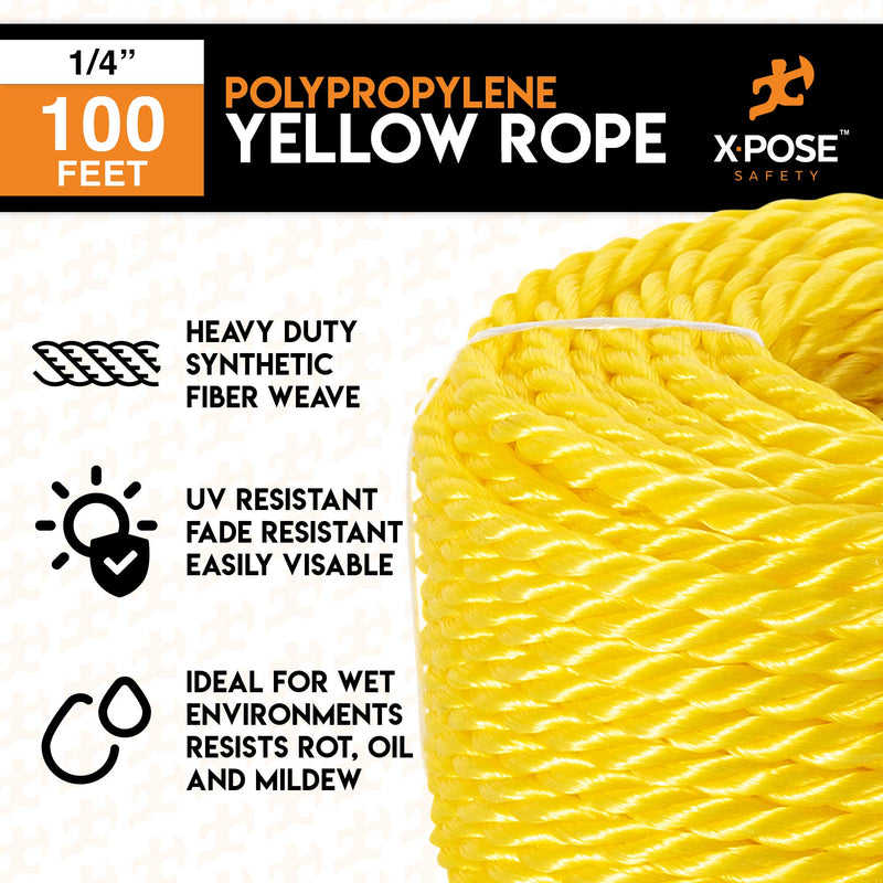 Yellow Twisted Polypropylene Rope - Floating Poly Pro Cord - Resistant to Oil, Moisture, Marine Growth and Chemicals - Reduced Slip, Easy Knot, Flexible - by Xpose Safety (1, 1/4" x 100') 1/4" x 100' - NewNest Australia