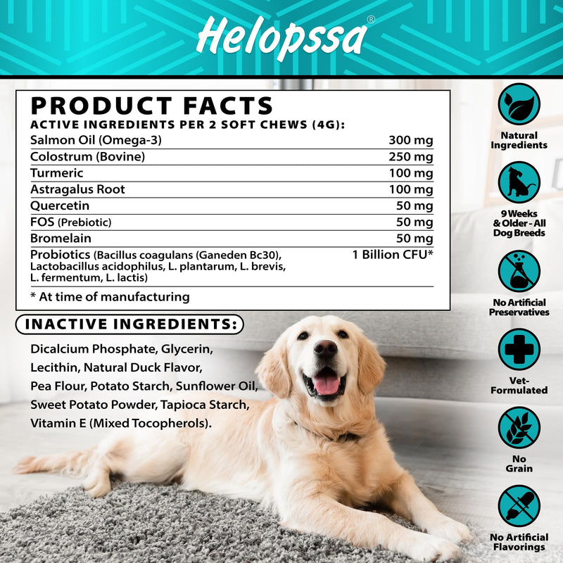 Dog Allergy Chews - Dog Allergy Relief Supplement w/Colostrum, Probiotics - Paw Licking, Itching, Seasonal Changes, Coat - Yeast‑Free for Sensitive Pups - Higher Salmon Oil Levels- 120 Soft Treats 8 oz