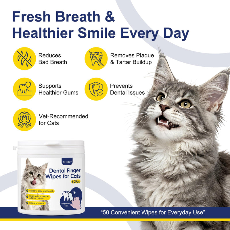 Dental Finger Wipes For Cats, Triple Enzyme & Probiotic Formula, Plant-Based Fragrance-Free Gentle Oral Cleaner, Soothe Delicate Gums, Remove Plaque Bad Breath, Kittens Oral Care Supplies, 50 Pcs