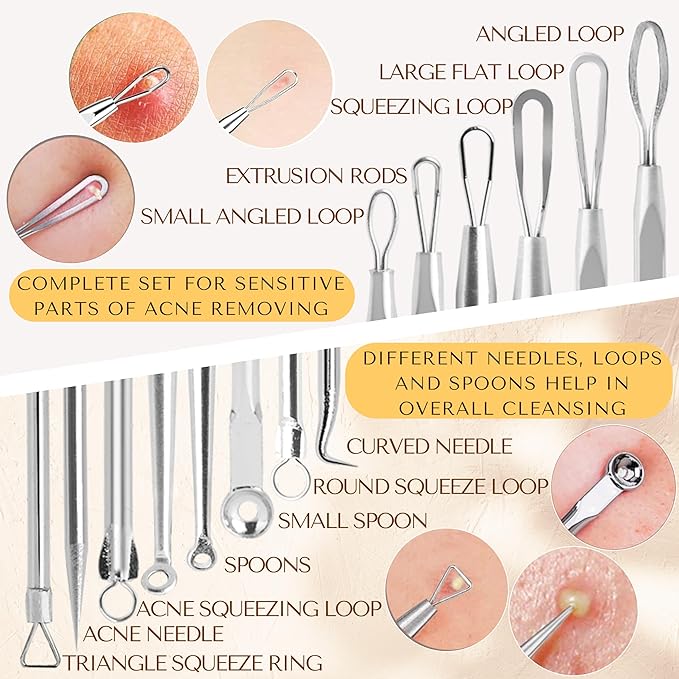 Dermated [16 Pack] Blackhead Remover Tool Pimple Popper Tool Kit | Stainless Steel Professional Acne Extraction Tool Kit for Blackheads Spots Codone Acne That Bald Head Face and Nose - NewNest Australia