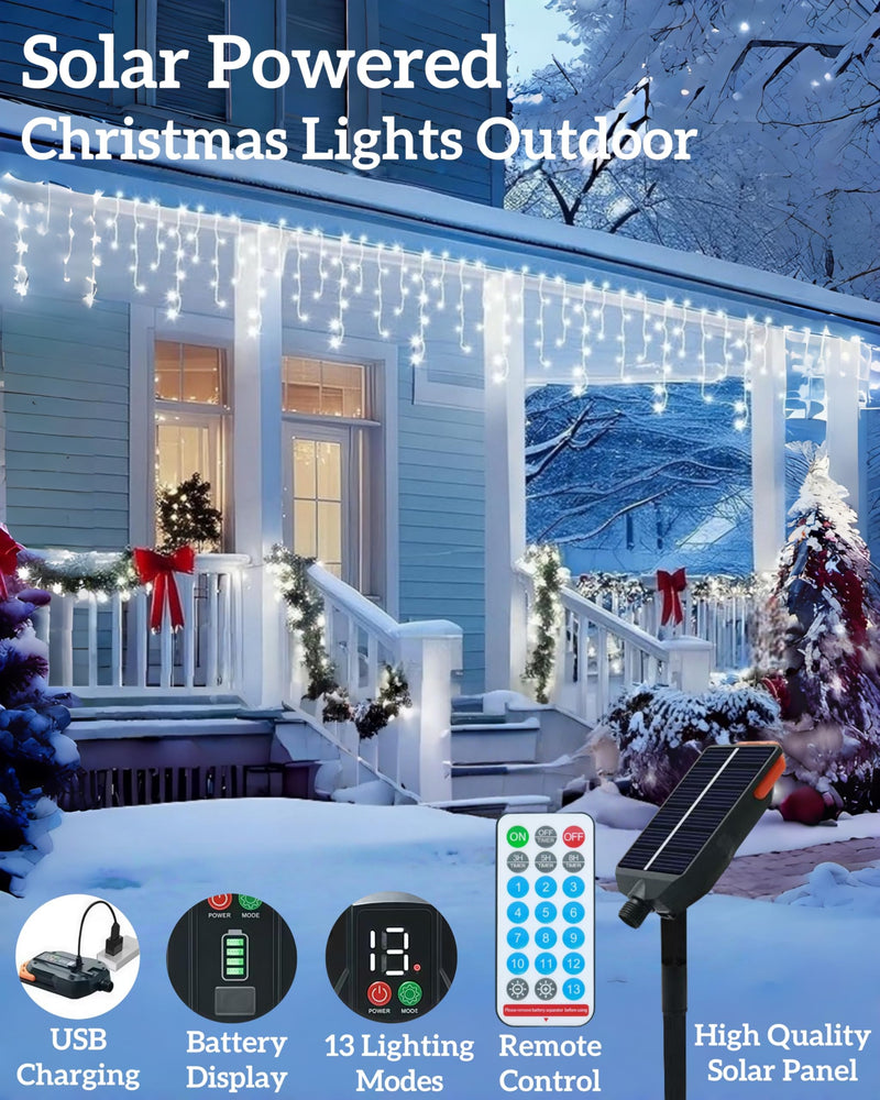Solar Christmas Lights Outdoor 640LED 16Ft+60Ft, Solar Icicle Lights Waterproof with 13 Modes Rechargeable for Outside Roof Fence Christmas Decorations (Cool White) Cool White