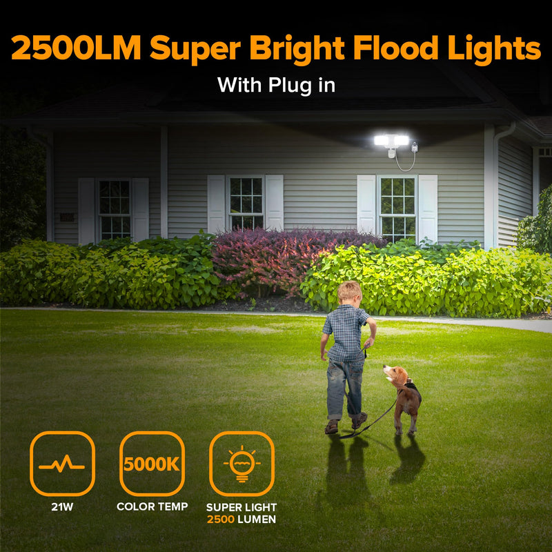 LUTEC 21W Plug in Motion Sensor Light Outdoor, Flood Lights Outdoor Motion Sensor,2500LM, 5000K Daylight,IP65 Waterproof,Adjustable 2 Heads Wall Light for Garage, Porch, Yard - White 1 Pack