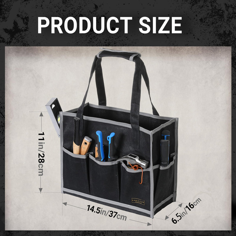 Waxed Canvas Tool Pouch,1 Large Capacity Pocket & 14 Pockets Garden Tool Storage Bag, 14.5 X 6.5 X 11 inch Muti-Purpose Tool Bag with Padded Handle | Black