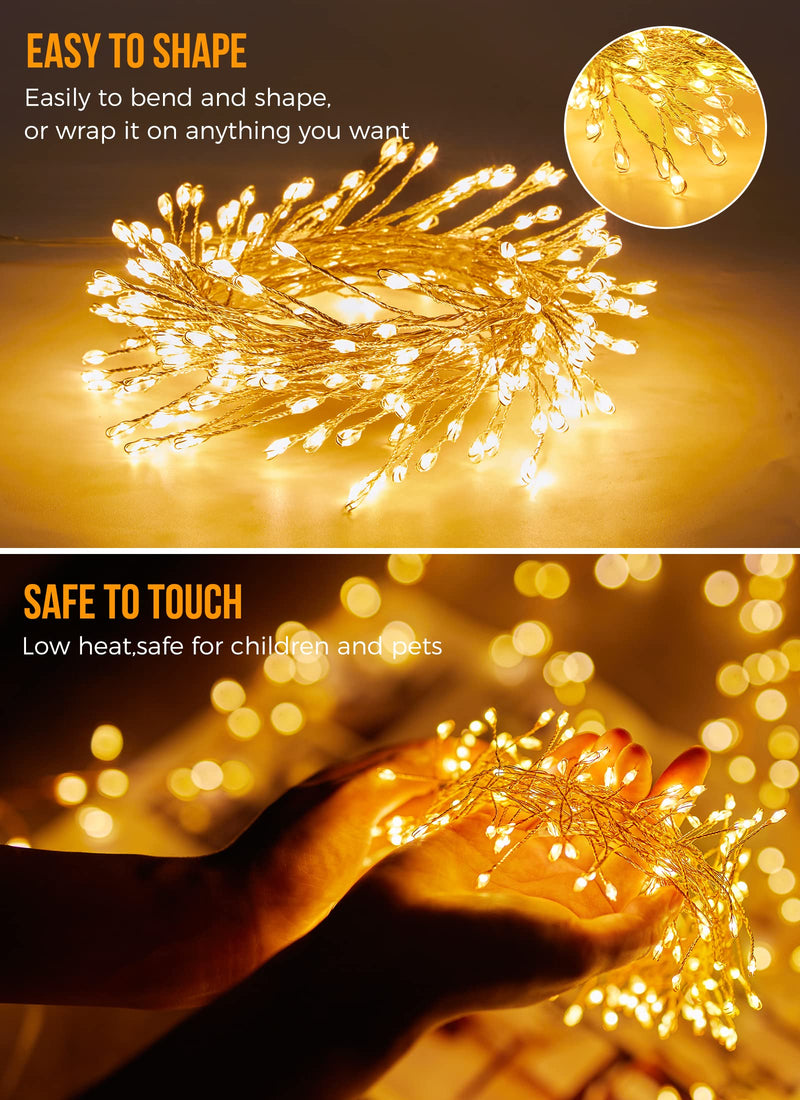 10Feet Battery Operated Fairy Lights, 120LEDs Firecracker String Lights Waterproof Silver Wire Starry Firefly Lights for DIY Wreath Home Weeding Indoor Outdoor Christmas Decorations, Warm White 10 Feet