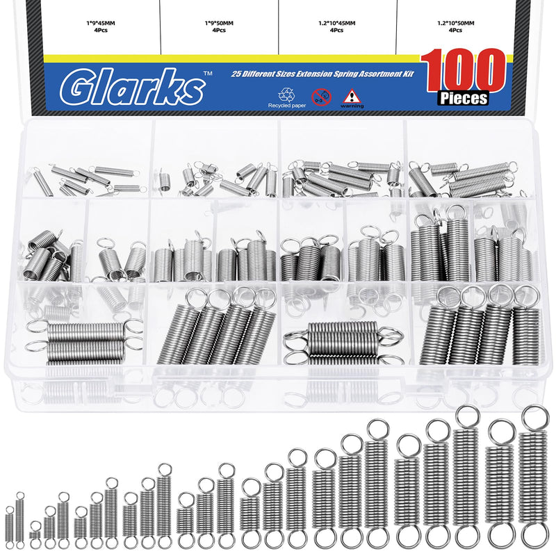 Glarks 100pcs Stainless Steel Extension Springs with Double Hook Sets 25 Sizes Small Spring Tension Spring Wire Assortment for Machinery Construction Industrial 100