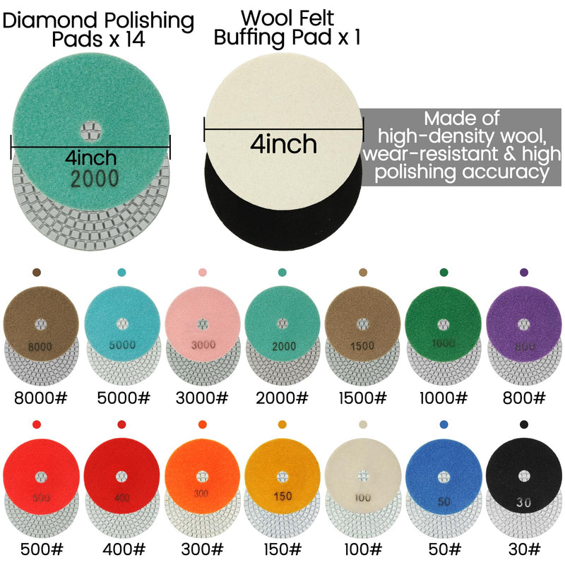 4 Inch Diamond Polishing Pads,16 Pack Wet/Dry Polish Pad Kit with 5/8’’-11 Backer Pad for Drill, Grinder, Polisher,30-8000 Grit Pads for Granite Marble Concrete Stone Quartz 16 Pack
