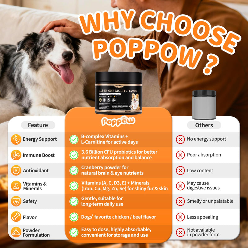 Dog Vitamins and Supplements for Daily Energy, Immune, Antioxidant, Gut, Skin & Coat, Dog Multivitamin Powder for Homemade Food with L-Carnitine, Taurine, Probiotics - Chicken Flavor, 75 Scoops 180G-Chicken