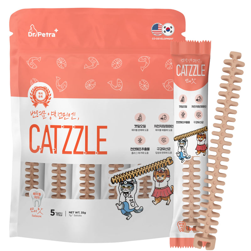 CATZZLE Cat Treats, Dental Chews for Indoor Cats, Cat Teeth Cleaning, Dental Care Snacks - Hairball Control (Salmon Flavor), 5 Sticks (1.25 oz.) Salmon 1.25 Ounce (Pack of 1)