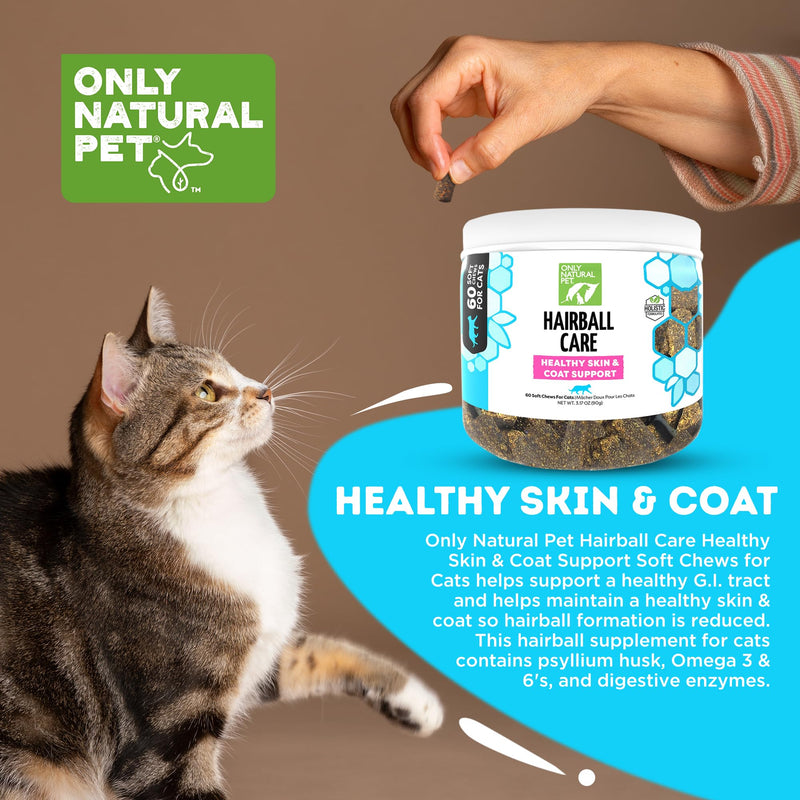 Only Natural Pet Hairball Care - Healthy Skin and Coat Support - Soft Chews for Cats – Digestive Supplement with Flaxseed, Psyllium Husk and Corn Silk – Chicken and Liver Flavor – 60 Count - PawsPlanet Australia