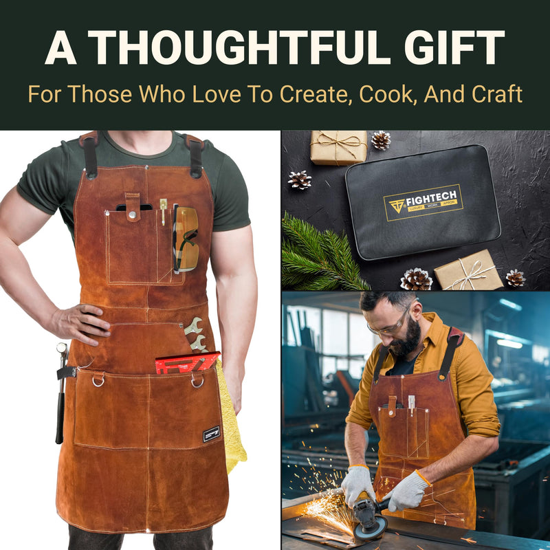 FIGHTECH Shop Apron - Heavy Duty Wood Working Apron for Men with Tool Pockets for Woodworkers Blacksmiths Carpenters M-XXL Brown Leather