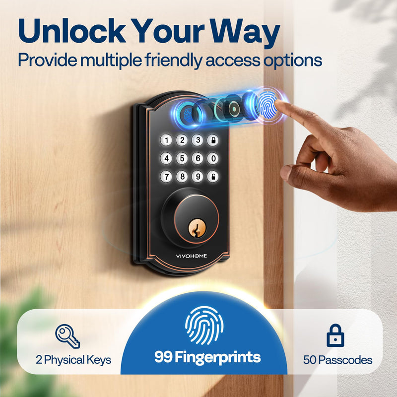 VIVOHOME Keyless Entry Door Lock with Fingerprint, Electronic Keypad Deadbolt for Front Door, Auto Lock, 2 Keys, Easy Installation Basic