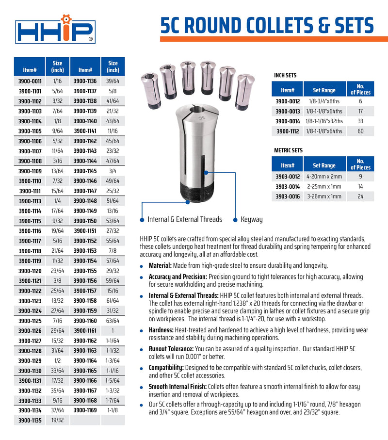 HHIP 3900-1137 5C Round Collet, 5/8" 5/8" Single