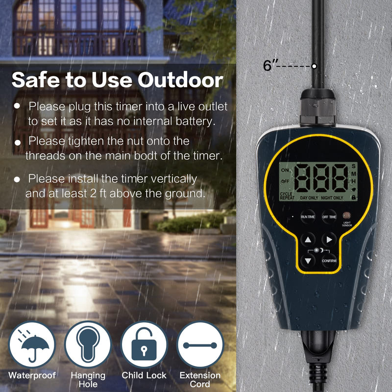1 s to 999 h Short/Long On-Off Interval Repeat Cycle Timer Plug Outlet with Countdown and Light Sensor, Waterproof for Outdoor (15A 1HP)