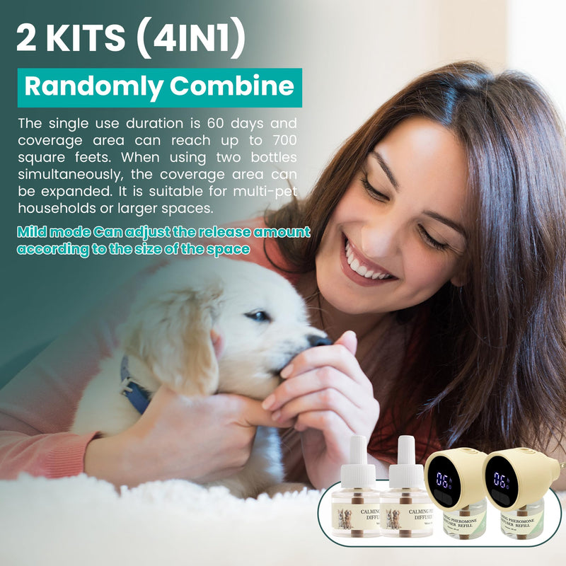 Smart 4-in-1 Dog Pheromones Calming Diffuser Kit with Four Timed Timer, 60 Days Effectively Anti Anxiety Relief Stress Dog Pheromones Calming Refills (2 Diffuser + 2 Refills) Beige