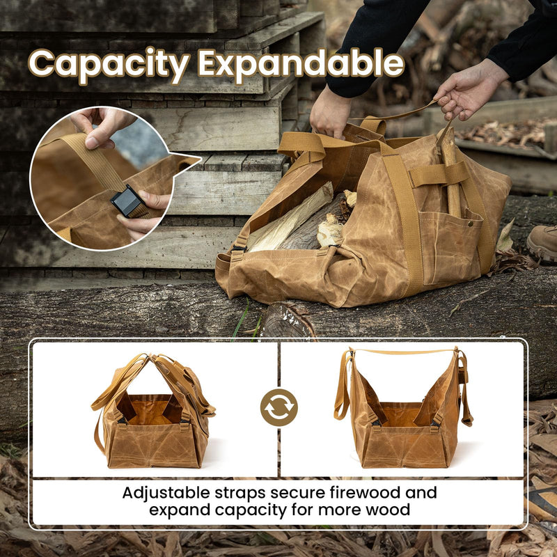 ONETIGRIS Waxed Canvas Firewood Carrier, 2-in-1 Firewood Tote Bag