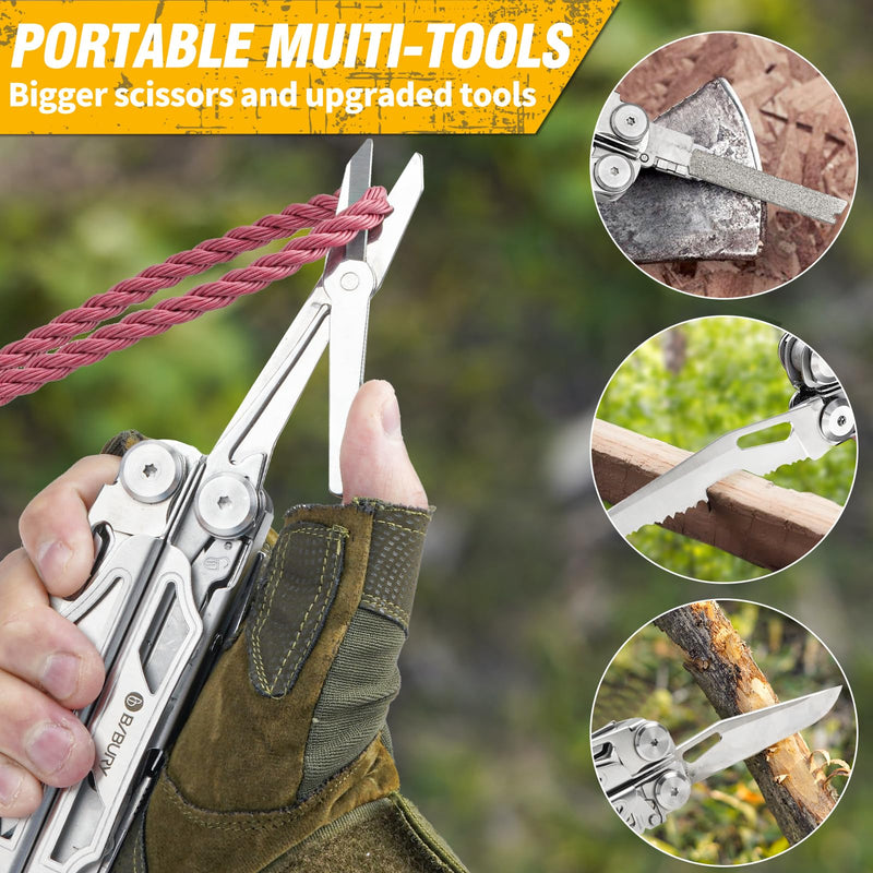 BIBURY Multitool Pliers, Stainless Steel Multi Tool Pliers with Replaceable Wire Cutters and Saw, Foldable Multitools with Scissors and Screwdriver, Ideal for Camping, Hiking, Survival, Repair Silver
