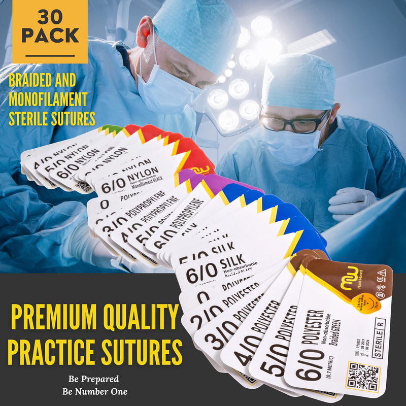 Suture Thread with Needle 30Pk (Mixed 0, 2-0, 3-0, 4-0, 5-0, 6-0) - Practice Suturing; Camping Survival Demo, Military Tactical Drill, Hospital Clinic Rotation, First Aid Travel Safety, Veterinary Use