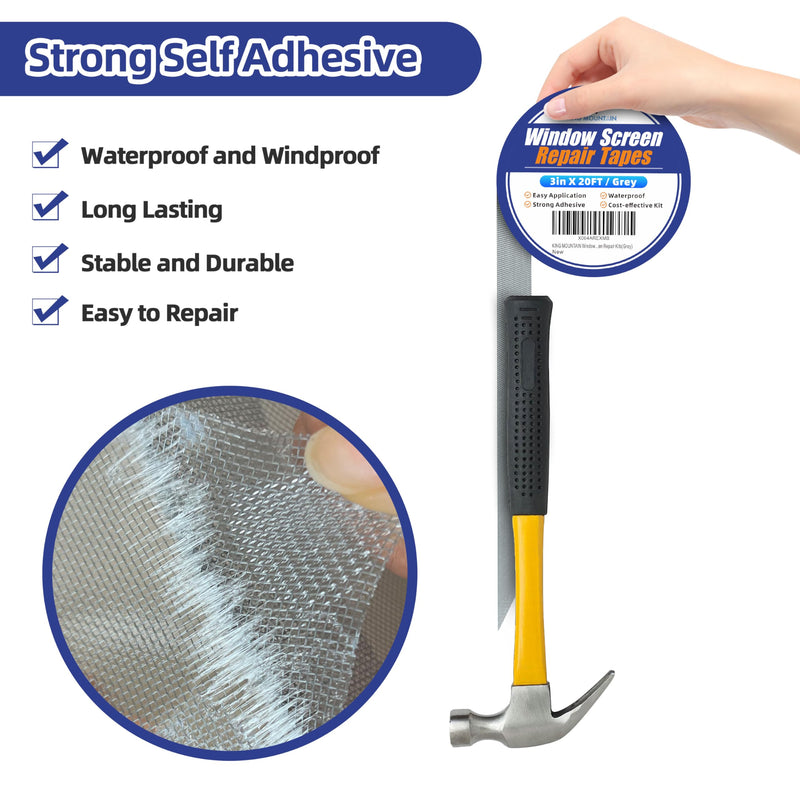KING MOUNTAIN Grey Window Screen Repair Tape,3inX20FT Heavy Duty Screen Repair Kit for Window Screen and Screen Door Tears Holes,Strong Adhesive & Waterproof Window Screen Patch 3*20Ft
