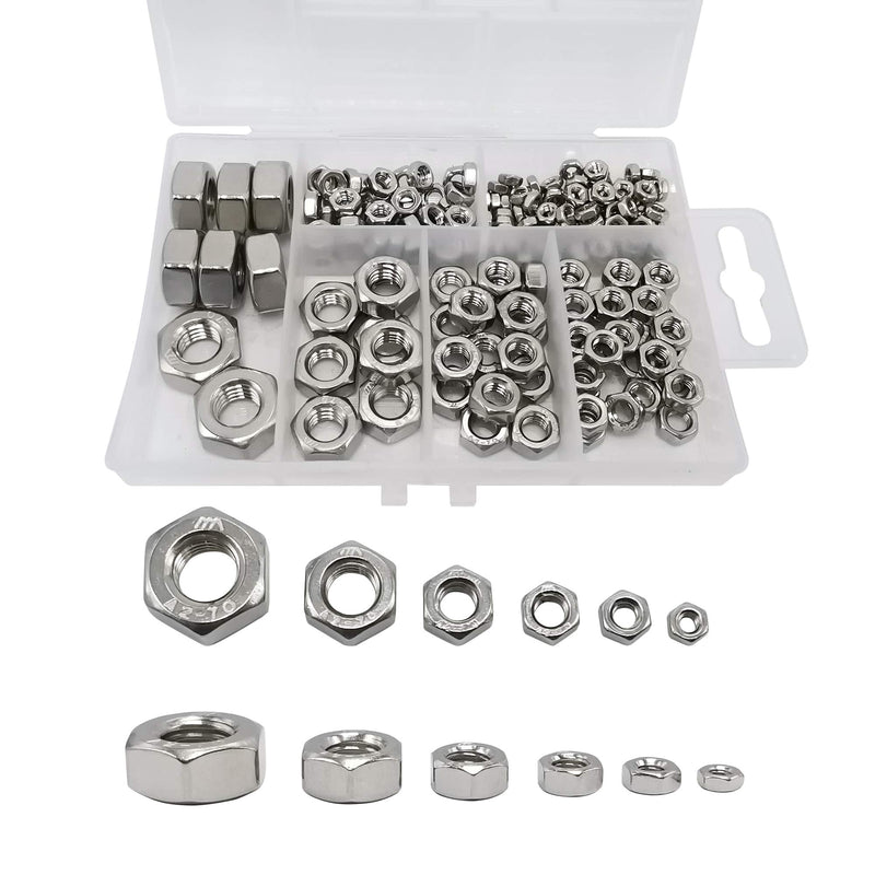 210PCS 304 Stainless Steel Hex Nuts Assortment Kit for Screw Bolt with 6 Sizes DIN 934 (M3 M4 M5 M6 M8 M10) Great Replacement Fasteners for Professionals, Repairmen or DIY, Meet Your Every Needs